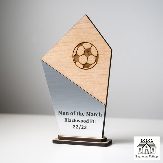 Wooden Football Trophy Award With Logo & Wording For Schools, Football Clubs, Academy, Corporate Award