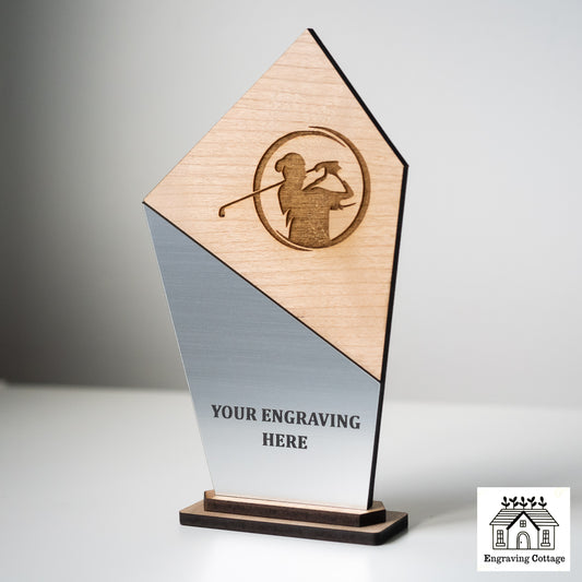 Wooden Golf Trophy Award With Logo & Wording For Golf Clubs, Golf Tournament, Corporate Awards