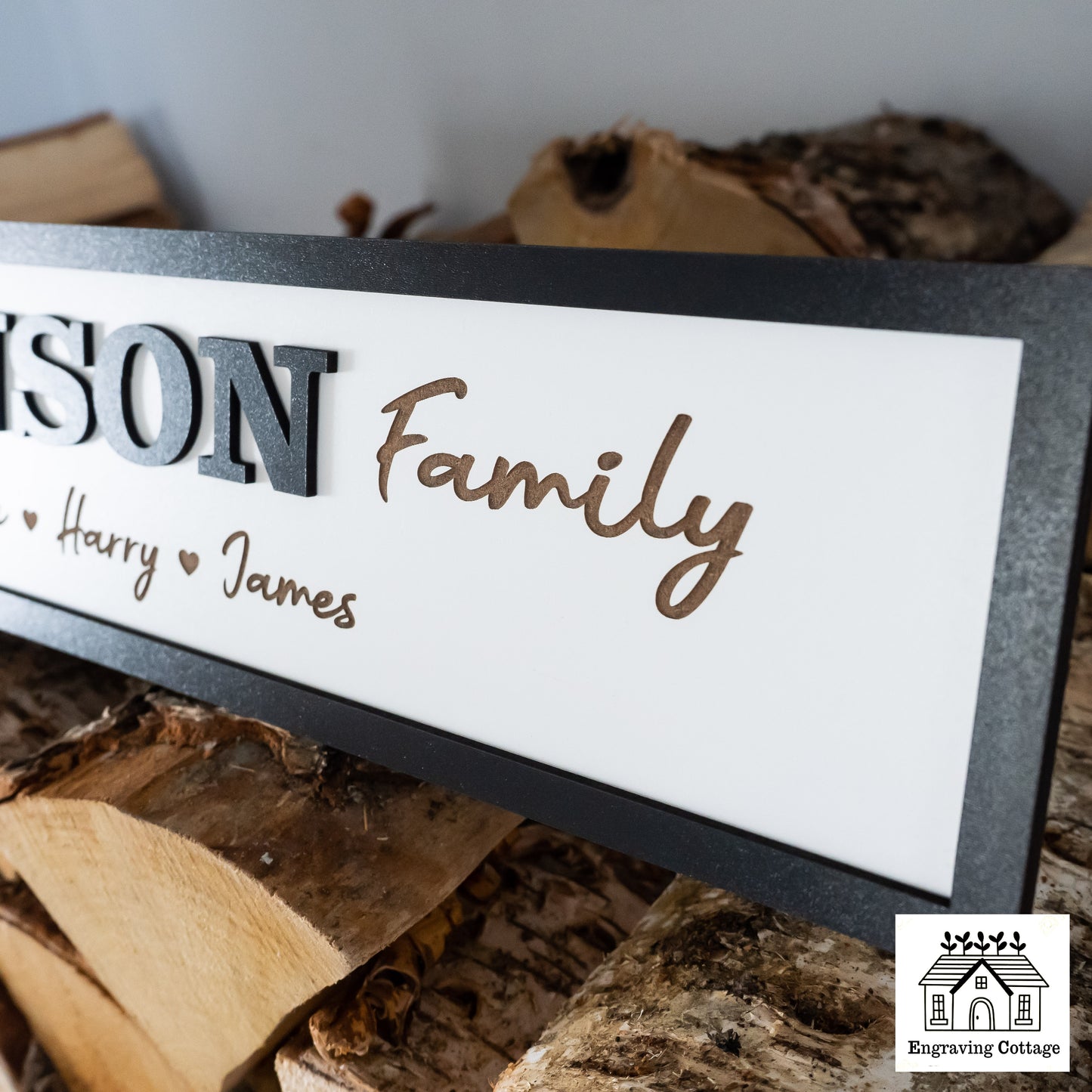 Large Wooden 3D Family Sign For Home Family Last Name Sign Gift White Wood Finish With Black Frame Farm House Style Sign