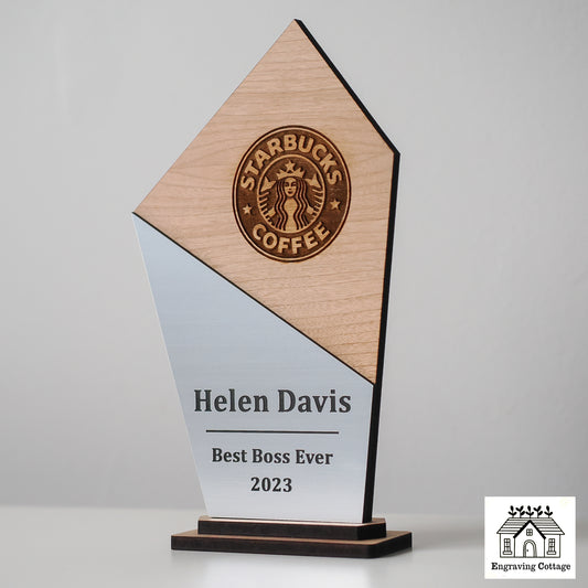 150mm Wooden Trophy Award With Logo & Wording For Schools, Football, Dance, Corporate