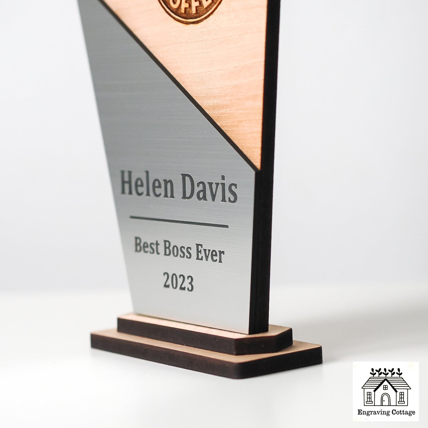 150mm Wooden Trophy Award With Logo & Wording For Schools, Football, Dance, Corporate