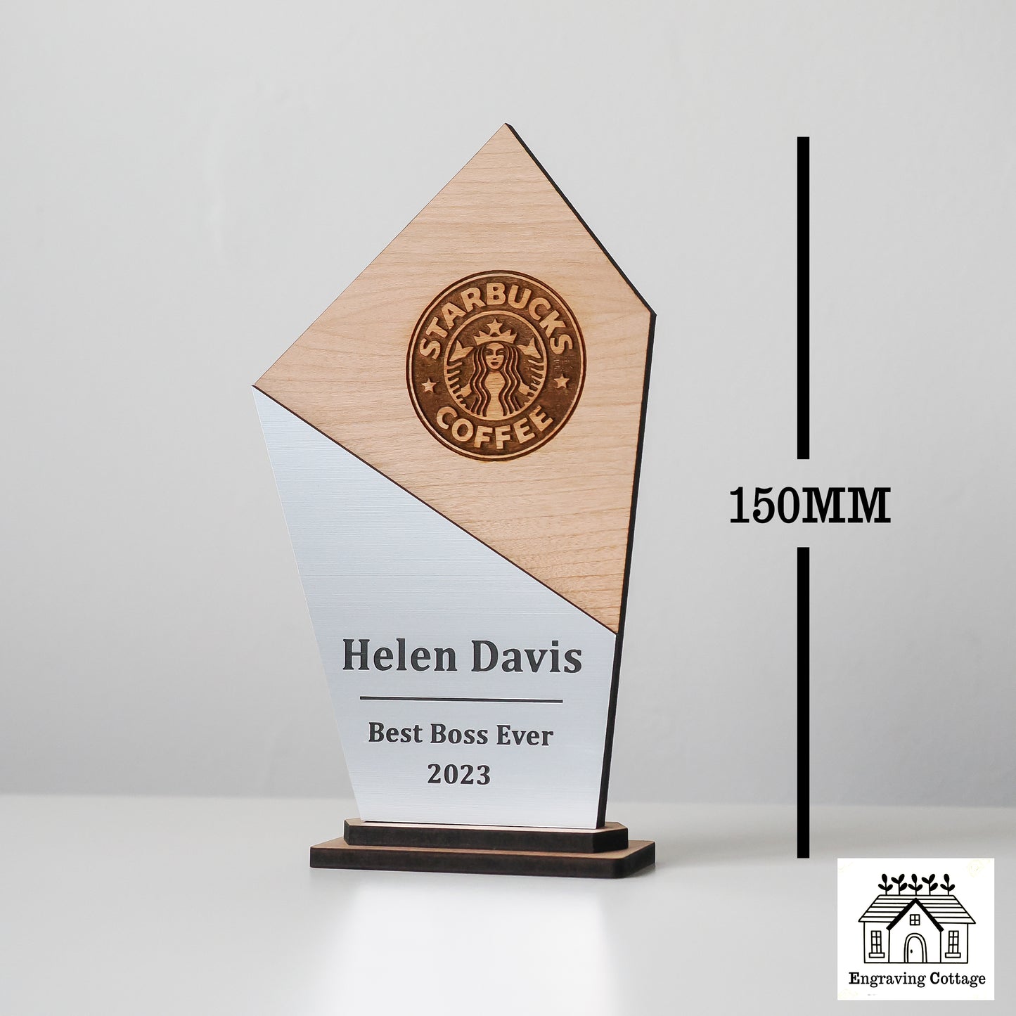 150mm Wooden Trophy Award With Logo & Wording For Schools, Football, Dance, Corporate