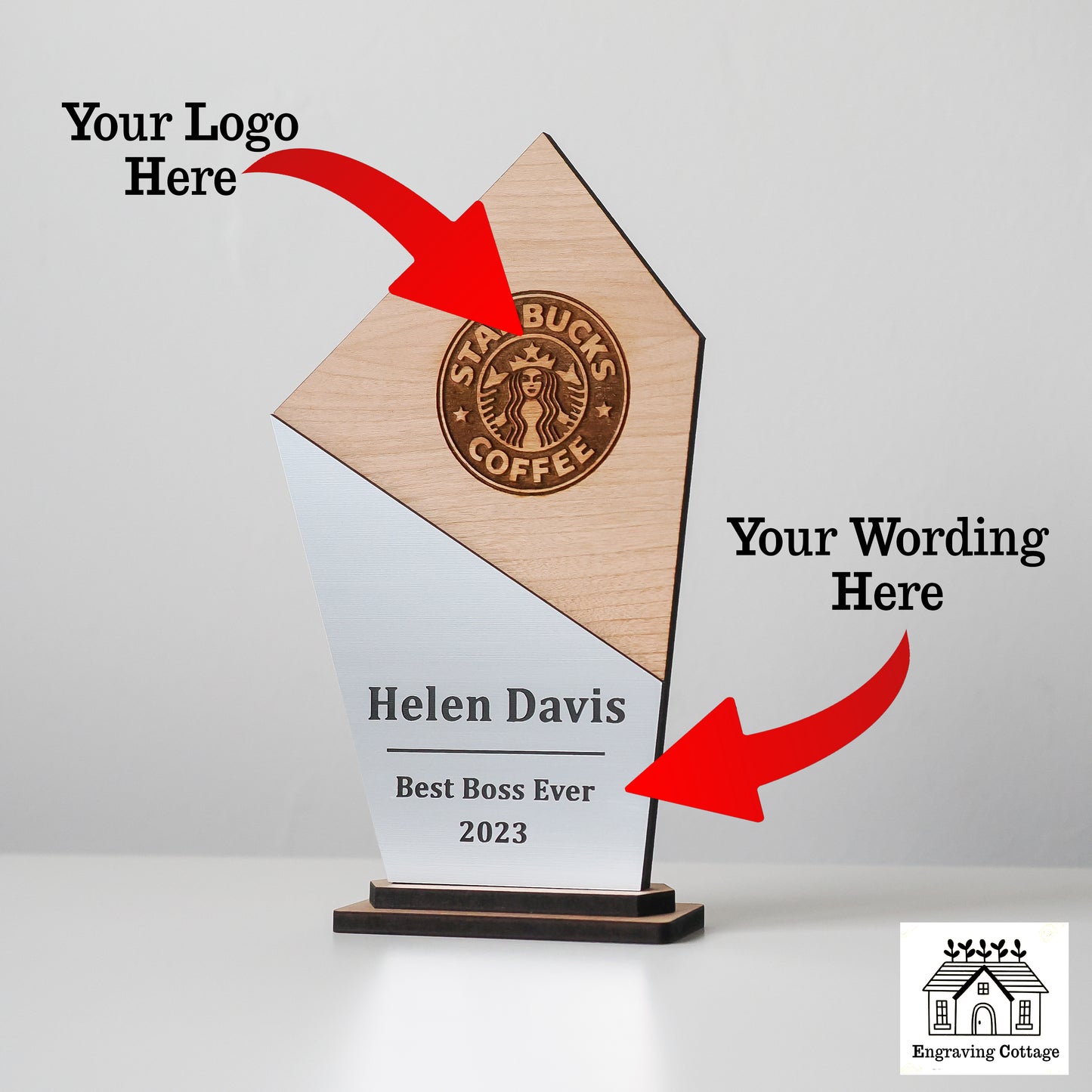 150mm Wooden Trophy Award With Logo & Wording For Schools, Football, Dance, Corporate